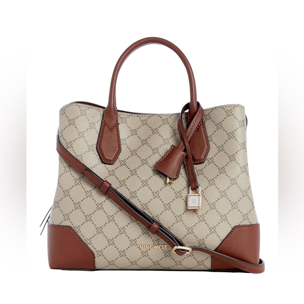 New! Nine West Brooklyn 3 Comp Satchel. Beige Logo/Mahogany